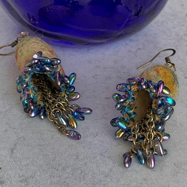 Carnivale Drop Dangle Earrings - Mixed Media - Multi Color Silk Cocoons - Brass Chain - Iridescent Blue Iris Glass Beads - Hook Earring Wires picture