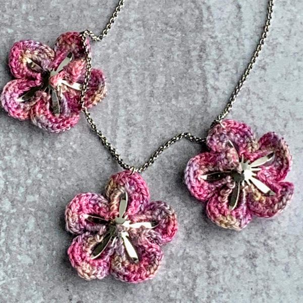 Cherry Blossoms Necklace - Mixed Media - Pink/Purple - 3 Crochet Embellished Silver Metal Flowers - Hand Dyed Cotton Thread - Glass Beads picture