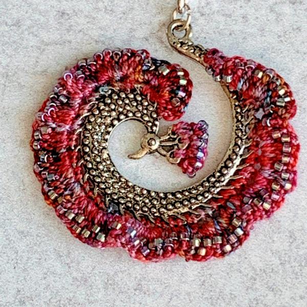 Peacock Spiral Pendant Necklace - Mixed Media - Red Multi Color - Hand-Dyed Fiber, Metal, Glass - Silver Chain - Adjustable 24 - 27 inches - OOAK picture