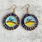 Upcycled Bottle Cap Crochet Beaded Earrings - Leinenkugel Summer Shandy - Maize and Blue