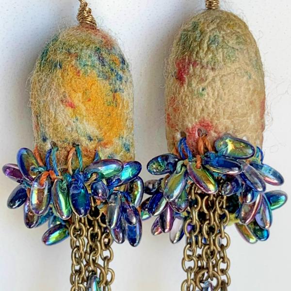 Carnivale Drop Dangle Earrings - Mixed Media - Multi Color Silk Cocoons - Brass Chain - Iridescent Blue Iris Glass Beads - Hook Earring Wires picture