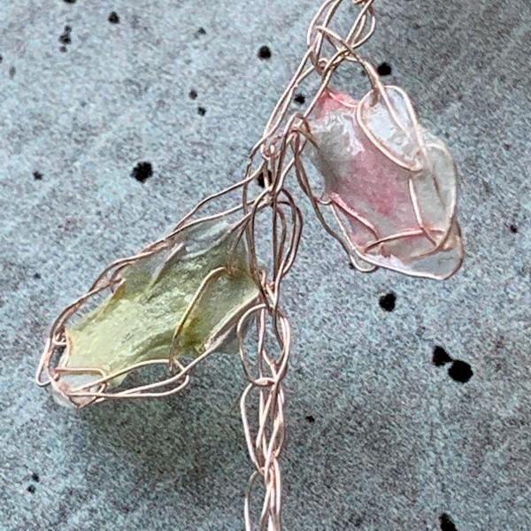 Whispering Petals Mixed Media Necklace - Subtle Pinks, Pale Green, White - Rose Gold Wire - Lightweight - One of a Kind - 19 inch - floral picture