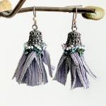 Silk Ribbon Tassel Earrings - Gray Silver - Gunmetal Filigree Caps - Pewter Silver Glass Beads - Crochet Embellishment - Mixed Media - OOAK