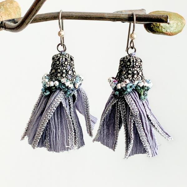 Silk Ribbon Tassel Earrings - Gray Silver - Gunmetal Filigree Caps - Pewter Silver Glass Beads - Crochet Embellishment - Mixed Media - OOAK picture