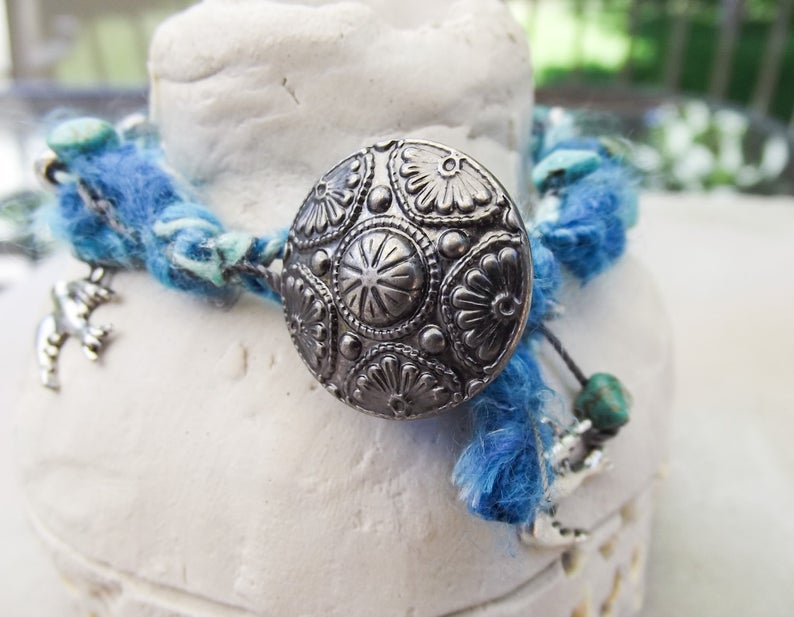 Boho Turquoise Crochet Bracelet with Silver Bird Charms, Button Close - One of a Kind - Fiber, Wire, Natural Turquoise picture