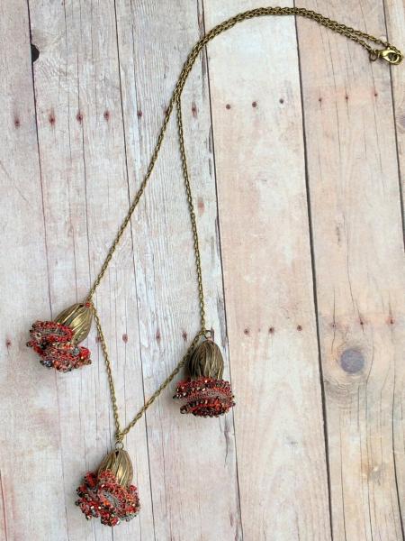 Colors of Frida - One of a Kind Statement Necklace - 3 Flower Pendants - Multi Media - Fiber Metal Glass - Multi Color- Reds Coral Blue