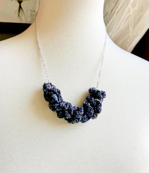 Renoir Spiral Ruffle Necklace - Gray Purple Blue Slate Mauve - Hand-Dyed Thread - Tiny Iridescent Beads - Silver Chain - One of a Kind picture