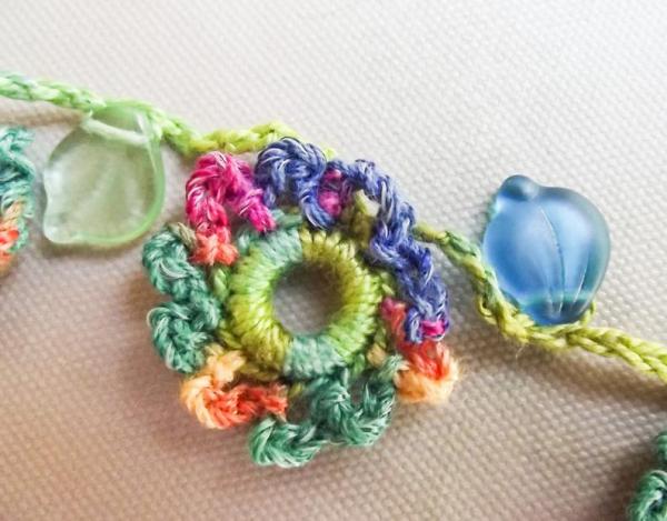 Bright Multi-Color Crochet Flower Garland Necklace with Glass Leaves picture
