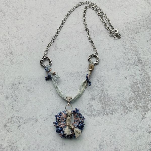 Stormy Skies Mixed Media Boho Pendant Necklace - Recycled Sari Silk, Hand-Dyed Thread, Glass Beads, Antique Silver - Slate Sand Gray Blue picture