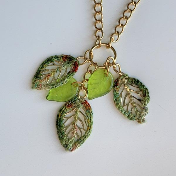 Green Gold Leaves Necklace - Mixed Media - Metal Fiber Glass - Crochet Embroidery - One of a Kind picture