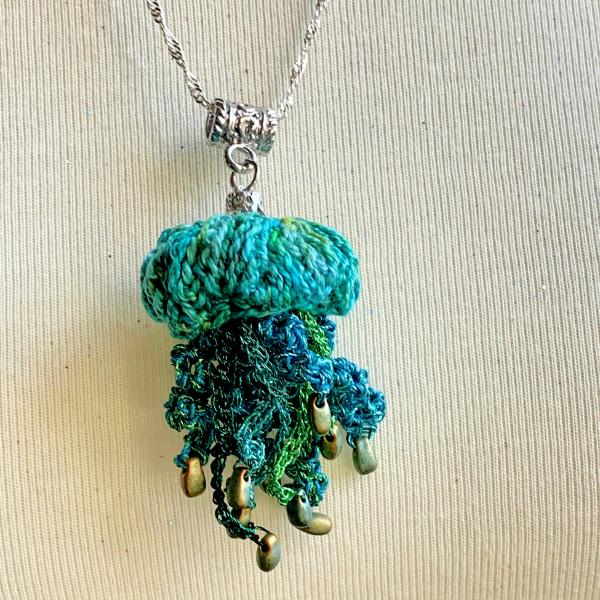 Jellyfish Pendant Necklace - Multimedia - Fiber, Metal, Glass Beads - Blue, Green, Turquoise - Crochet - Adjustable Length - One of a Kind picture