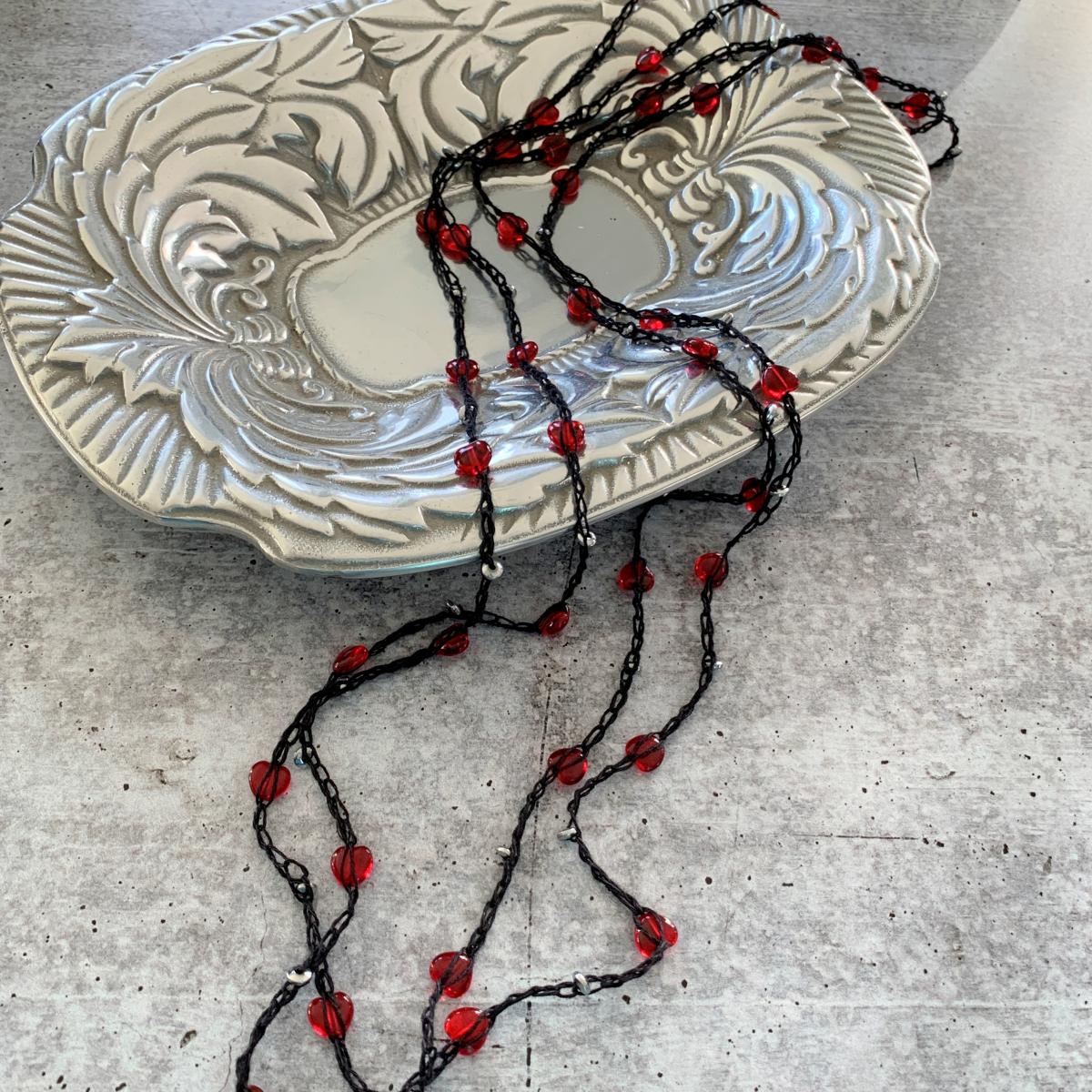 Simple Strand - Crochet Black Linen Chain Embellished with Red Glass Hearts and Silver Metal Disc Beads - 82 inch - Continuous Circle - Wrap picture