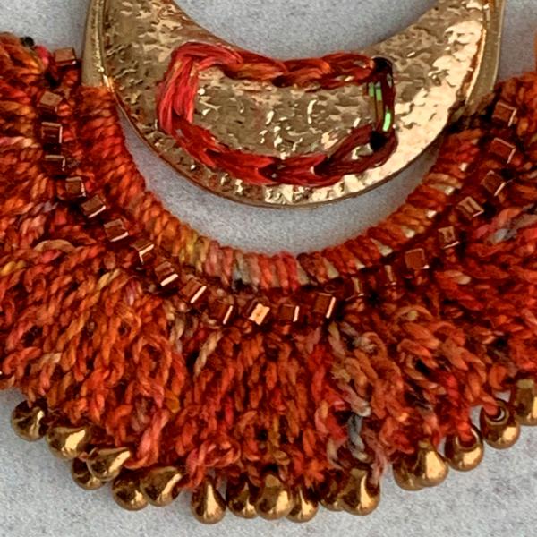 Fire Crescent Mixed Media Necklace - Fiber Metal Glass - Orange Red Gold - Hand-Crochet and Glass Bead Embellishments - Gold Chain - Leaf Toggle Clasp picture