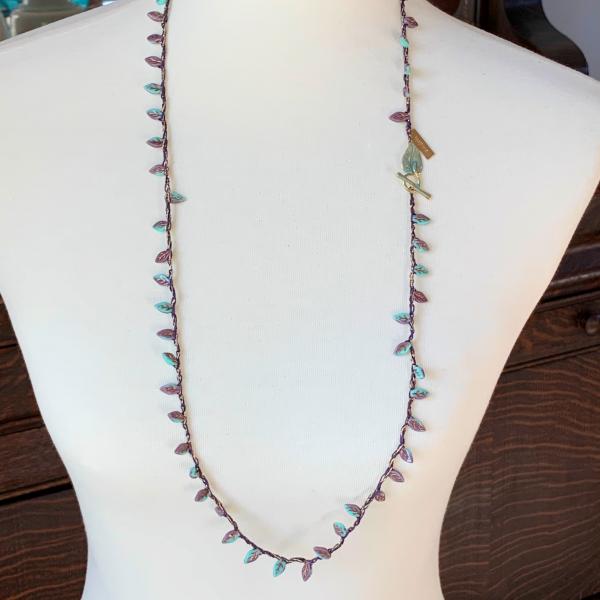 Turquoise Lavendar Gold Glass Leaves Wrap Bracelet or Necklace - Crochet - Inspire Charm - OOAK picture