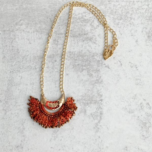 Fire Crescent Mixed Media Necklace - Fiber Metal Glass - Orange Red Gold - Hand-Crochet and Glass Bead Embellishments - Gold Chain - Leaf Toggle Clasp picture