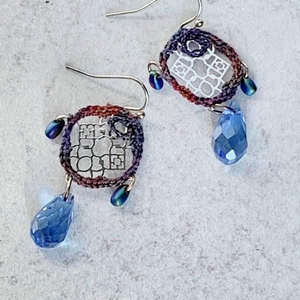 Modern Silver Filigree Mixed Media Earrings - Fiber Metal Glass - Blue Crystal Drops - Crochet - Glass Beads - Mauve Slate - OOAK picture