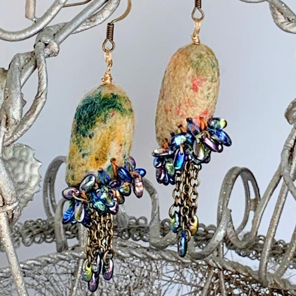 Carnivale Drop Dangle Earrings - Mixed Media - Multi Color Silk Cocoons - Brass Chain - Iridescent Blue Iris Glass Beads - Hook Earring Wires picture