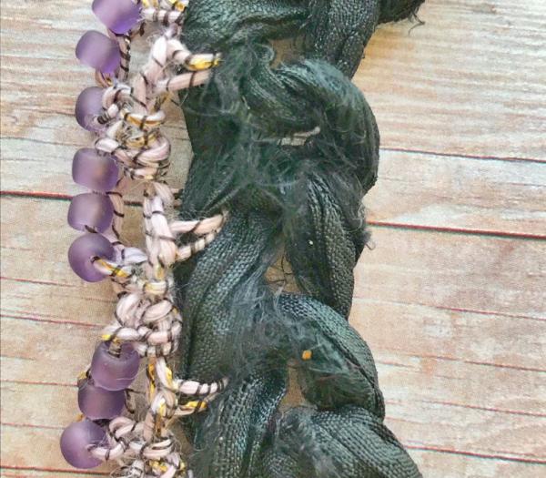 Recycled Sari Silk Necklace - Eggplant Purple - Hand Crochet - Lavender Glass Beads - One of a Kind picture