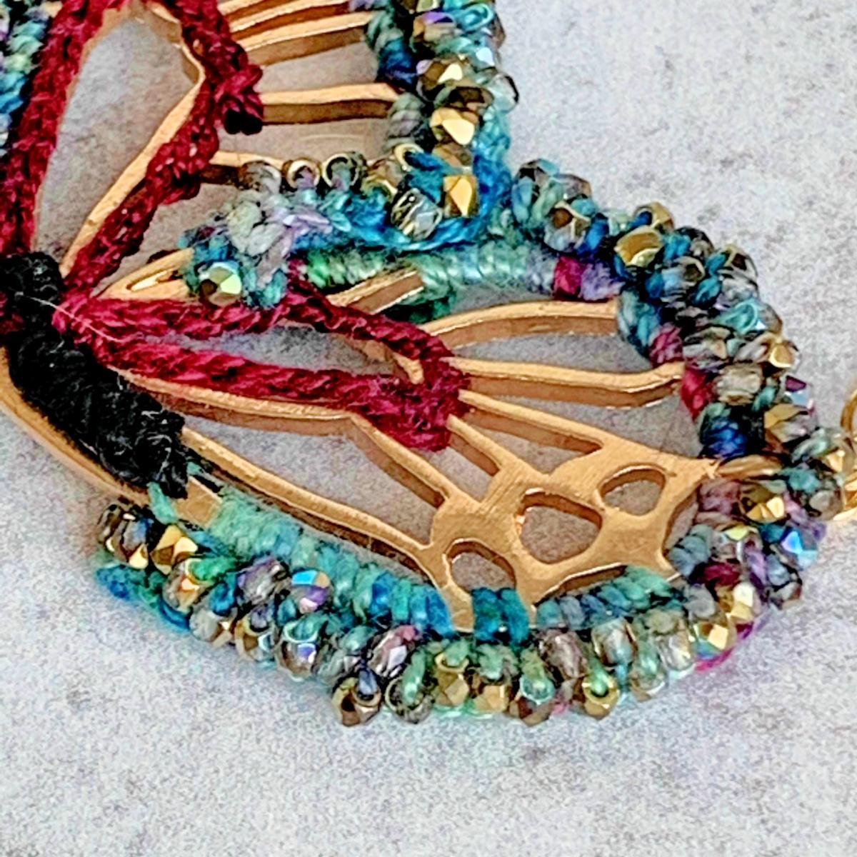 Butterfly Wing Necklace - Mixed Media - Gold Chain - Fiber Metal Glass - Blue Green Teal Garnet Black - Iridescent Glass Beads - Crochet Embroidery picture