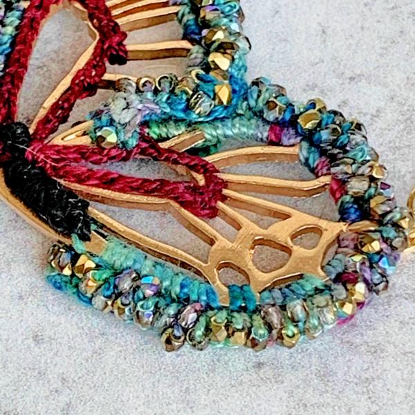 Butterfly Wing Necklace - Mixed Media - Gold Chain - Fiber Metal Glass - Blue Green Teal Garnet Black - Iridescent Glass Beads - Crochet Embroidery picture