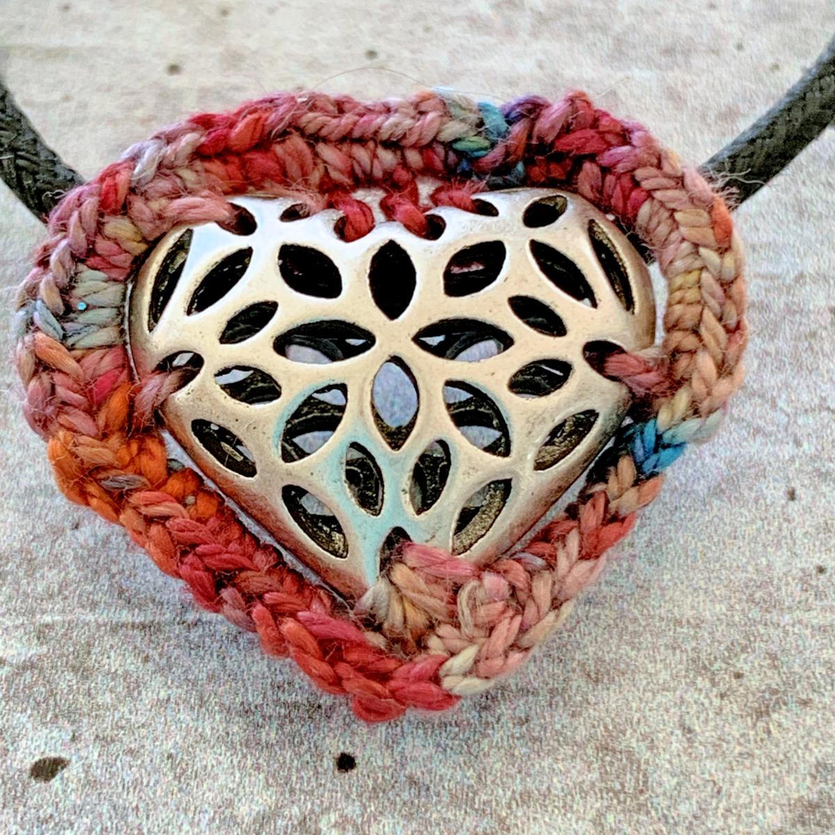 Slider Heart Pendant Necklace - Mixed Media - Antique Silver Filigree Metal Heart - Pink Red Multicolor Fiber - Black Waxed Cotton Cord - 23 inch picture