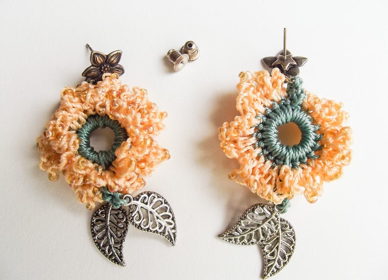 Apricot Peach Crochet Beaded Drop Flower Earrings with Antique Silver Leaf Dangles - Green Accents - Handmade - One of a Kind picture