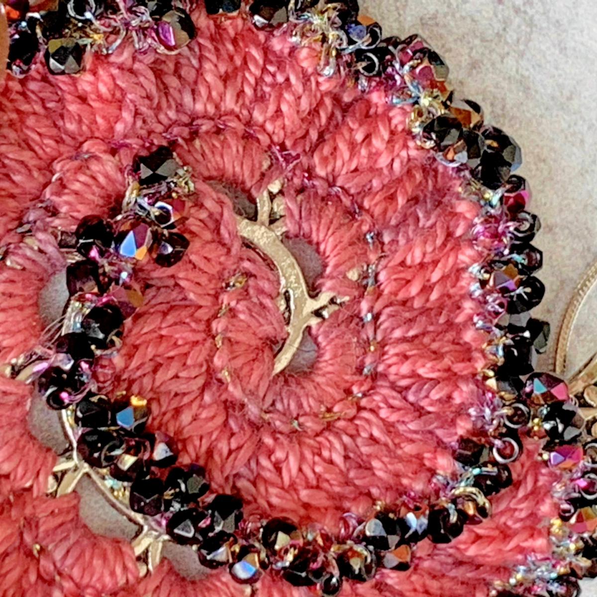 Curly Girl Spiral Swirl Pendant Necklace - Mixed Media - Metal Fiber Glass - Coral Hand-Dyed Thread, Metallic Wine Glass Beads - Crochet - OOAK picture