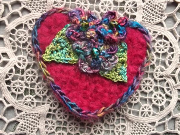 Be Mine Valentine Heart and Flower Crocheted Felted Brooch picture