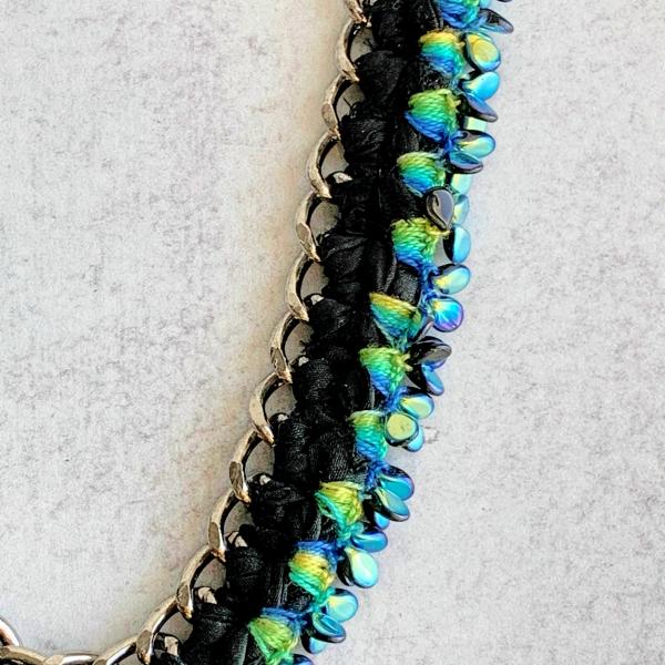 Pewter Raven Pendant Mixed Media Necklace - Black Blue Green - Silver Chain, Glass Beads, Sari Silk - Crochet -20 inch picture