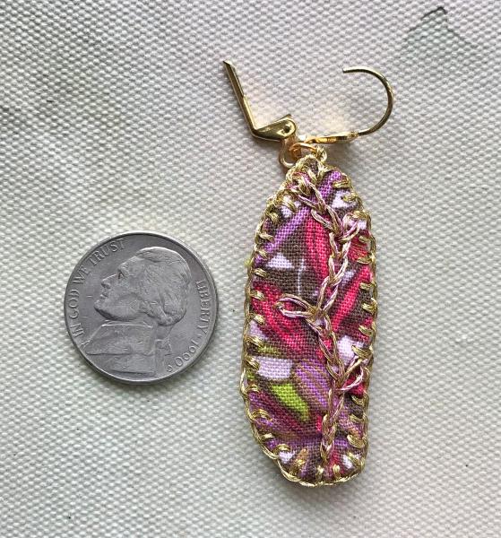 Hand Sewn and Embroidered Fabric Drop Earrings - Vine - Brown, Lavender, Pink, Spring Green, Magenta, Gold - Nickel Free Gold Lever Back picture