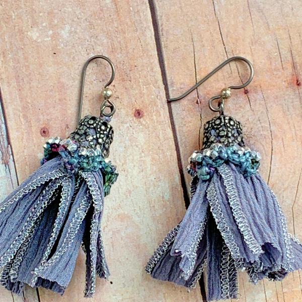 Silk Ribbon Tassel Earrings - Gray Silver - Gunmetal Filigree Caps - Pewter Silver Glass Beads - Crochet Embellishment - Mixed Media - OOAK picture