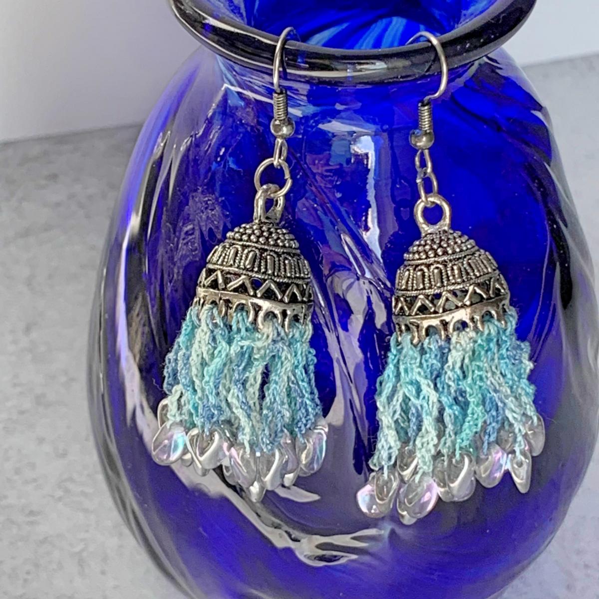Sky Fringe Earrings - Mixed Media: Metal, Fiber, Glass - Blue Aqua - Iridescent Silver Aqua Rain Drop Glass Beads - Hand-Dyed Cotton Thread - OOAK picture