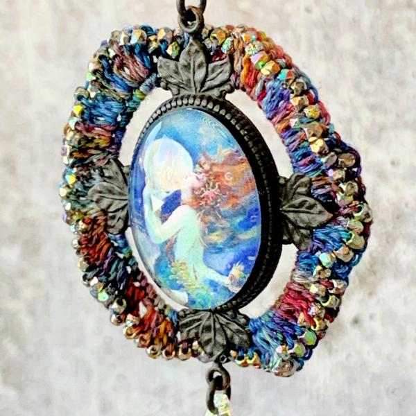 Clive "Mermaid" Vintage Pendant Necklace - Mixed Media - Glass Cabochon - Black Brass Setting and Chain - Multicolor - Beaded Crochet - OOAK picture