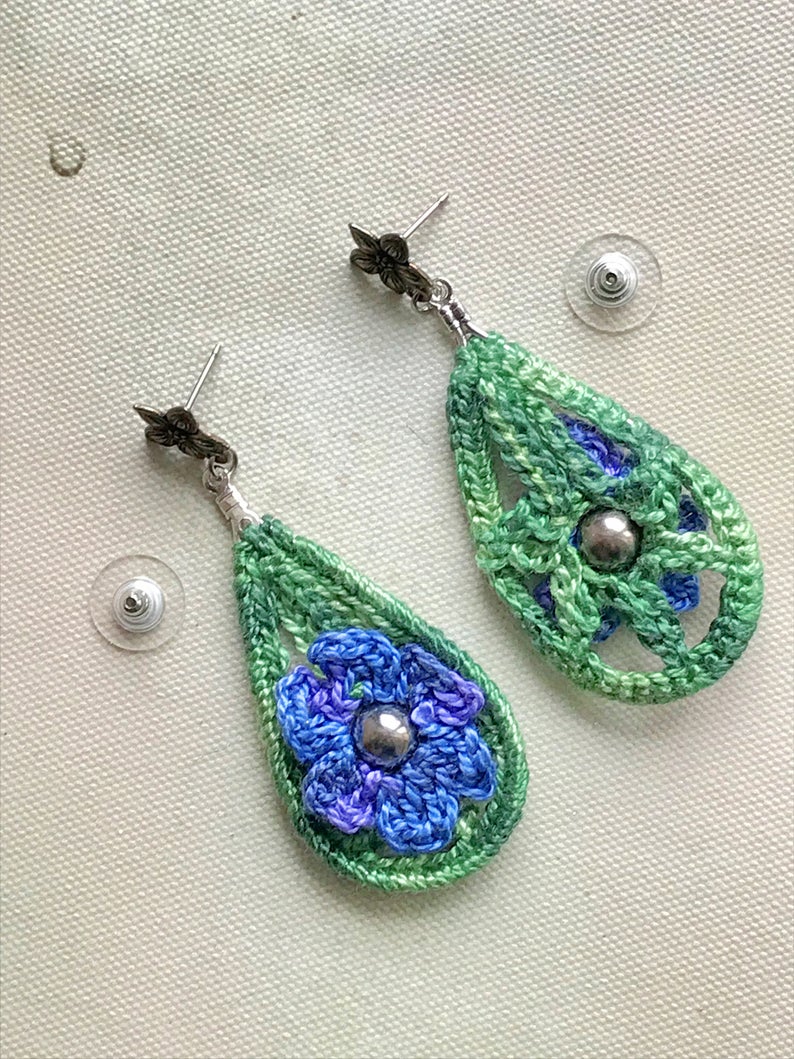 Blue Purple Green Crochet Tear Drop Flower Pierced Earrings - Antique Silver Flower Posts - One of a Kind - Nickel Free picture