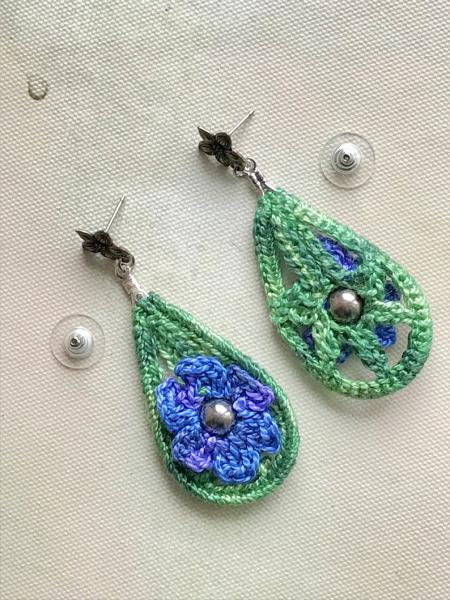 Blue Purple Green Crochet Tear Drop Flower Pierced Earrings - Antique Silver Flower Posts - One of a Kind - Nickel Free picture