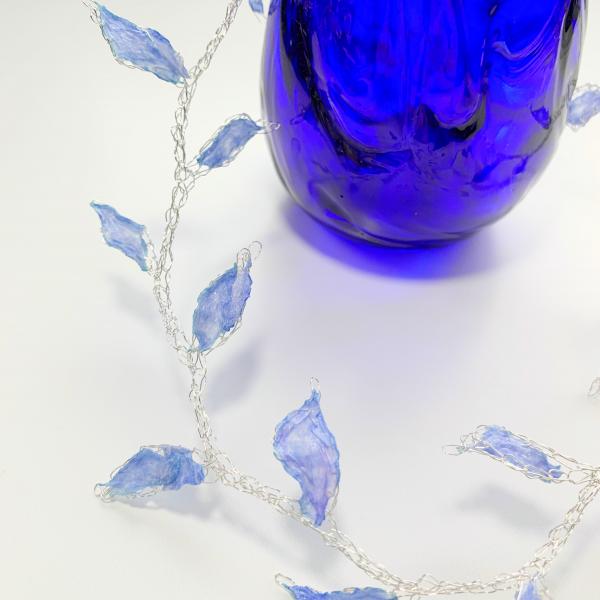 Moonlit Leaves Mixed Media Necklace - Blue Purple Periwinkle - Crochet Silver Wire - Glass Like Paper Fiber Leaves - 19 inches - OOAK picture