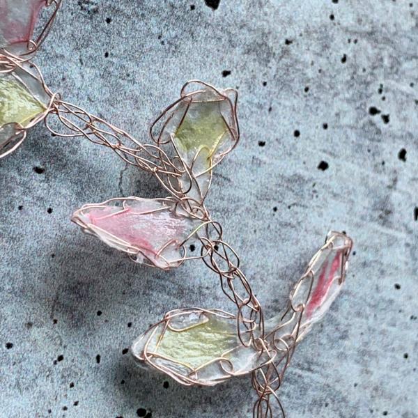 Whispering Petals Mixed Media Necklace - Subtle Pinks, Pale Green, White - Rose Gold Wire - Lightweight - One of a Kind - 19 inch - floral picture