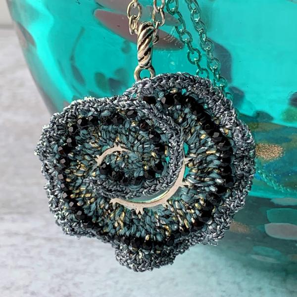 Curly Girl Spiral Swirl Pendant Necklace - Mixed Media - Metal Fiber Glass - Pale Sage Green, Silver, Black, Metallics - Crochet - OOAK picture