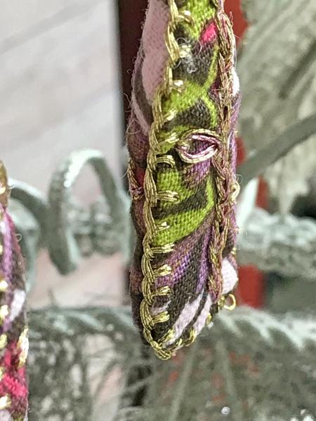 Hand Sewn and Embroidered Fabric Drop Earrings - Vine - Brown, Lavender, Pink, Spring Green, Magenta, Gold - Nickel Free Gold Lever Back picture