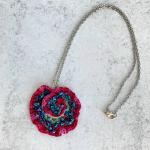 Curly Girl Spiral Swirl Pendant Necklace - Mixed Media - Metal Fiber Glass - Vibrant Red Magenta Fuschia - Teal Glass Beads - Crochet - OOAK