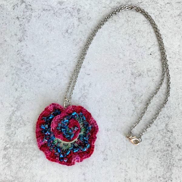 Curly Girl Spiral Swirl Pendant Necklace - Mixed Media - Metal Fiber Glass - Vibrant Red Magenta Fuschia - Teal Glass Beads - Crochet - OOAK picture