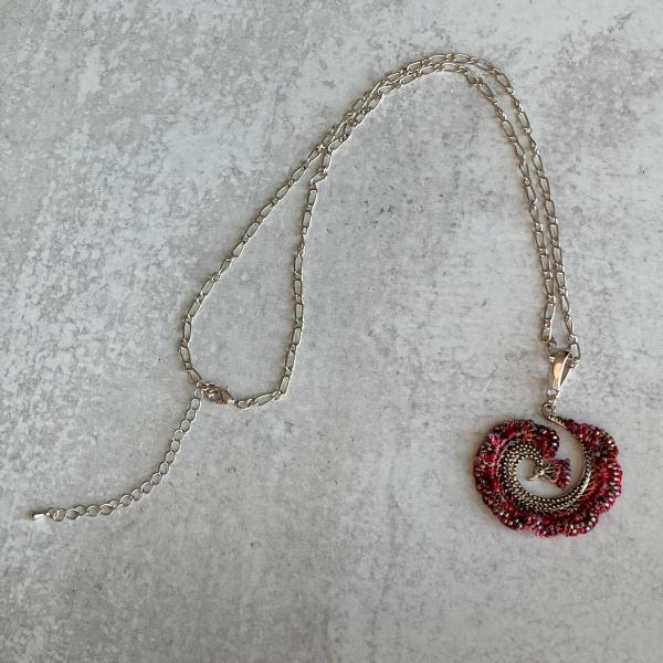 Peacock Spiral Pendant Necklace - Mixed Media - Red Multi Color - Hand-Dyed Fiber, Metal, Glass - Silver Chain - Adjustable 24 - 27 inches - OOAK