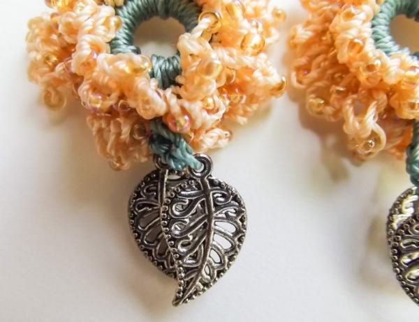 Apricot Peach Crochet Beaded Drop Flower Earrings with Antique Silver Leaf Dangles - Green Accents - Handmade - One of a Kind picture