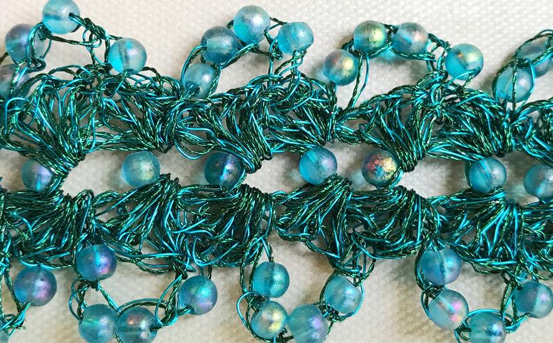 Crochet Beaded Wire and Fiber Lacy Cuff Bracelet with Glass Beads - Aqua, Turquoise, Teal - 7 1/2 inches long, 1 1/2 inches wide picture