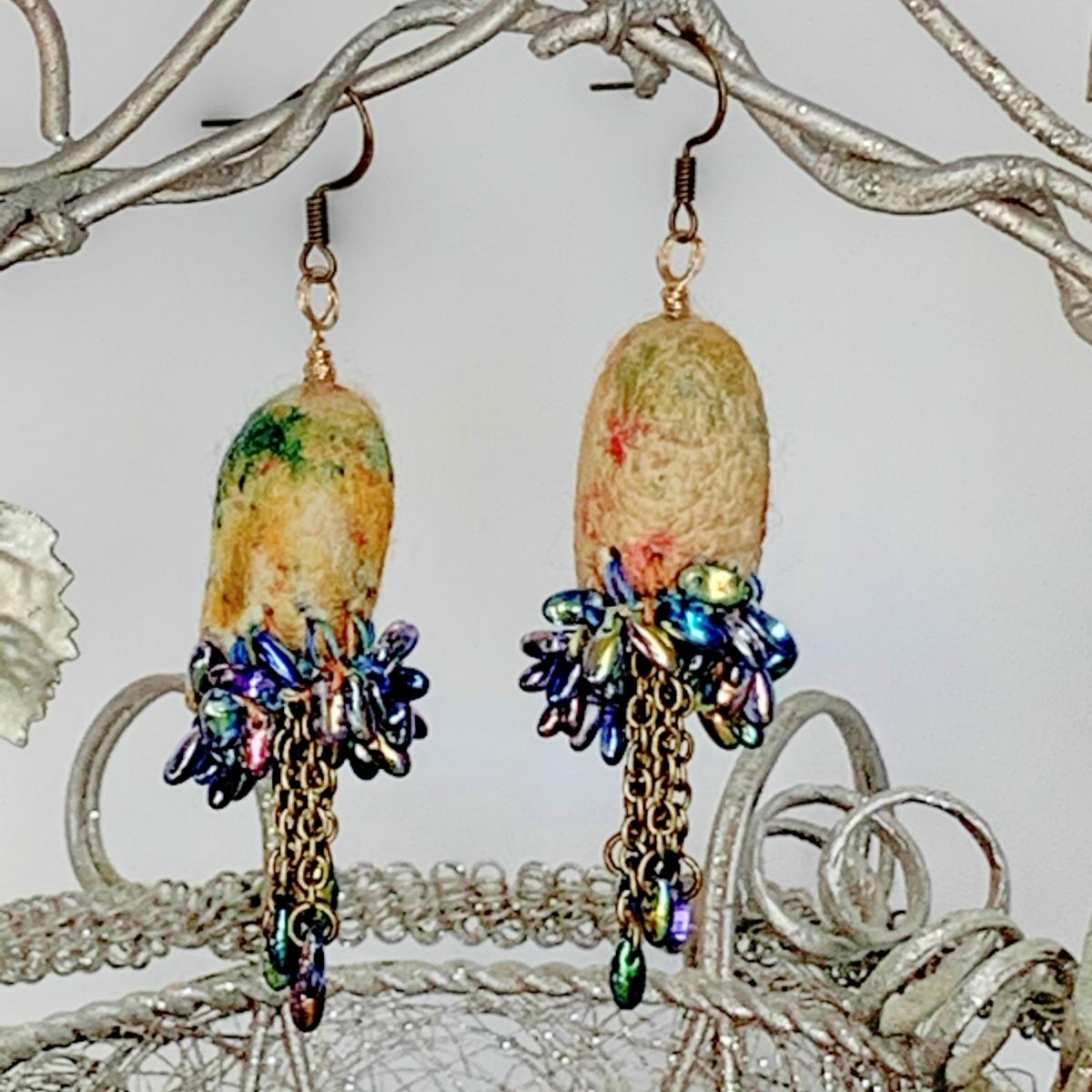 Carnivale Drop Dangle Earrings - Mixed Media - Multi Color Silk Cocoons - Brass Chain - Iridescent Blue Iris Glass Beads - Hook Earring Wires picture