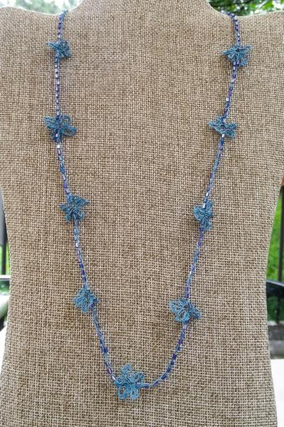 Delicate Blue Violet Crochet Beaded Flower Necklace with Silver Clasp picture