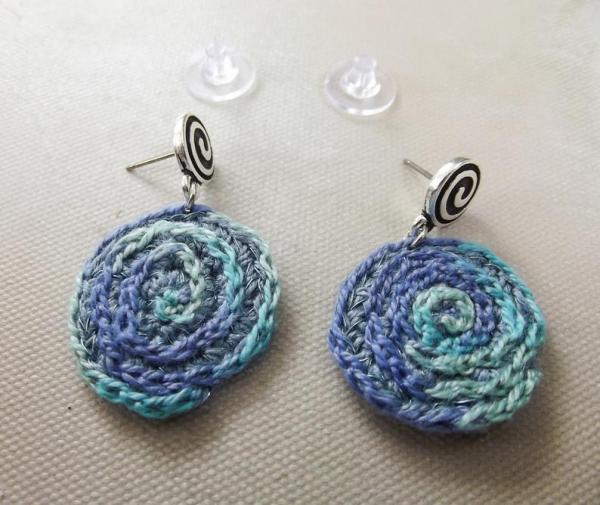 Tone on Tone Crochet Embroidered Spiral/Starburst Drop Earrings in Blues and Greens - One of a Kind picture