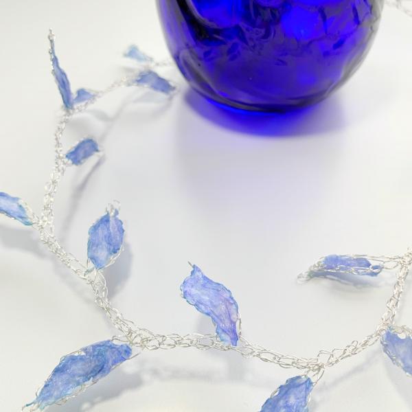 Moonlit Leaves Mixed Media Necklace - Blue Purple Periwinkle - Crochet Silver Wire - Glass Like Paper Fiber Leaves - 19 inches - OOAK picture
