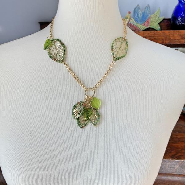 Green Gold Leaves Necklace - Mixed Media - Metal Fiber Glass - Crochet Embroidery - One of a Kind picture