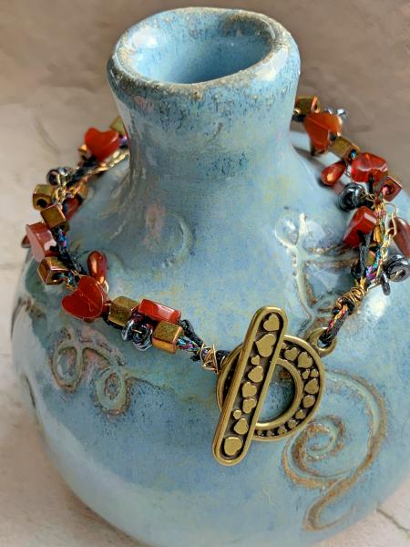 Gossamer Tangles Signature Bracelet - Mixed Media - 3 Braided Strands - Wire Fiber Glass - Red Carnelian Hearts - Antique Brass Hearts Toggle Clasp picture